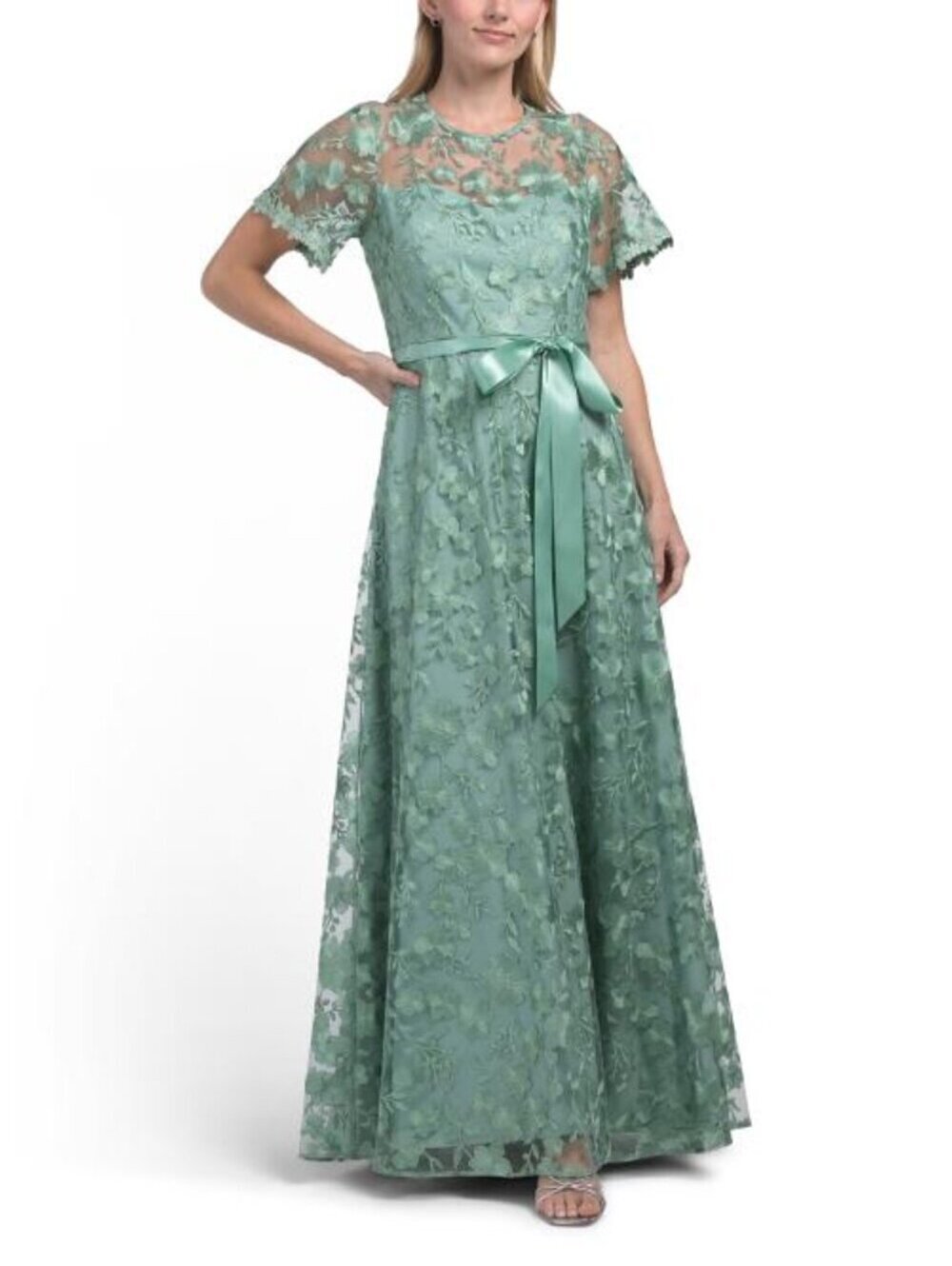 TAHARI 3d Embroidered Ball Gown Sage Green Short Sleeves Illusion $450 Modest
